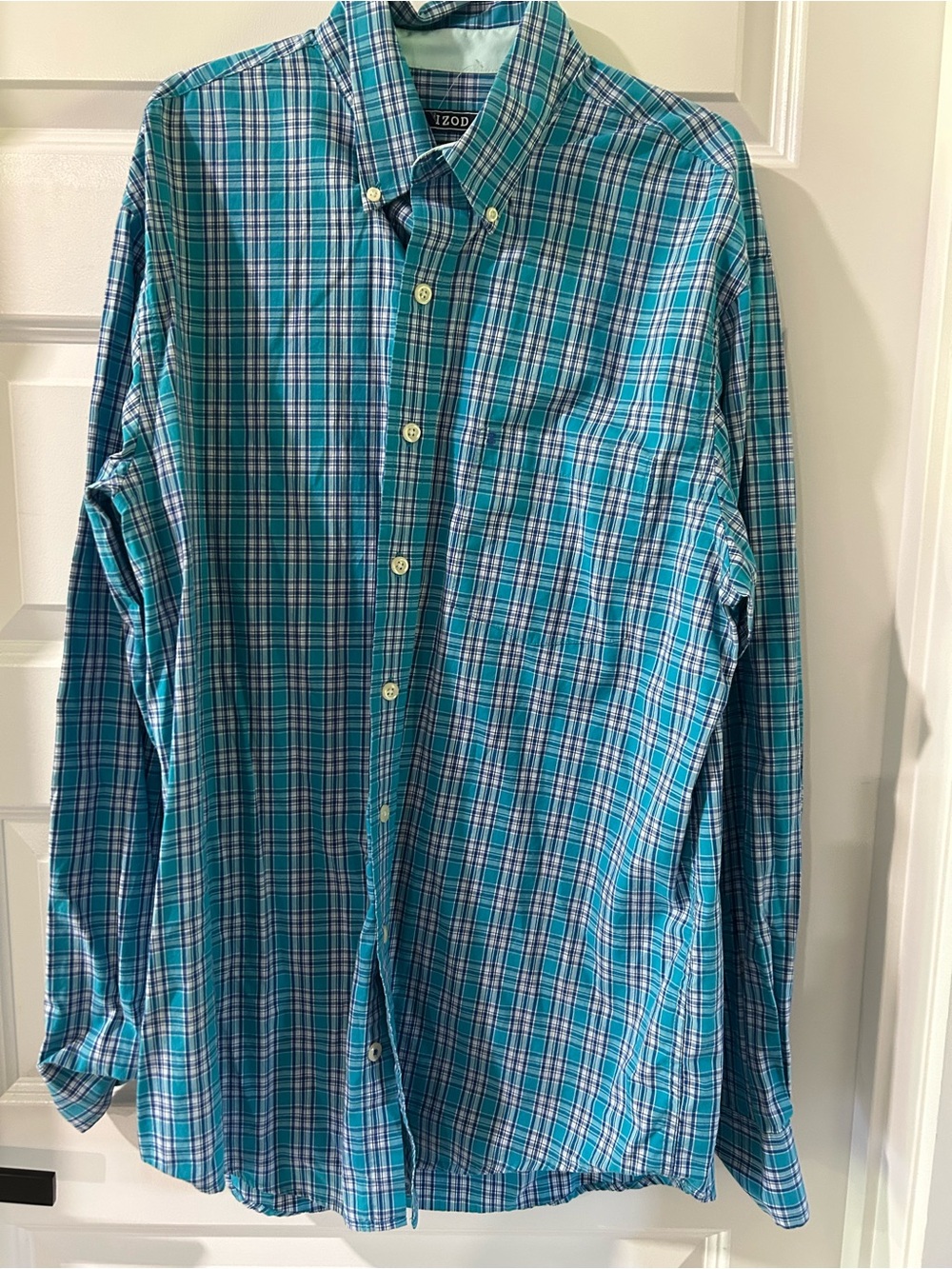 Izod Teal and Navy Plaid Button-Down Shirt